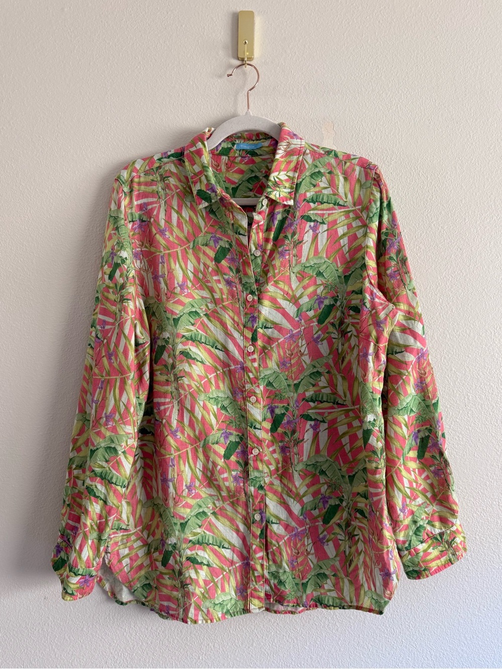 J McLaughlin‎ Linen Britt Coral Gable Tropical Palm Button Downs Shirt Sz L